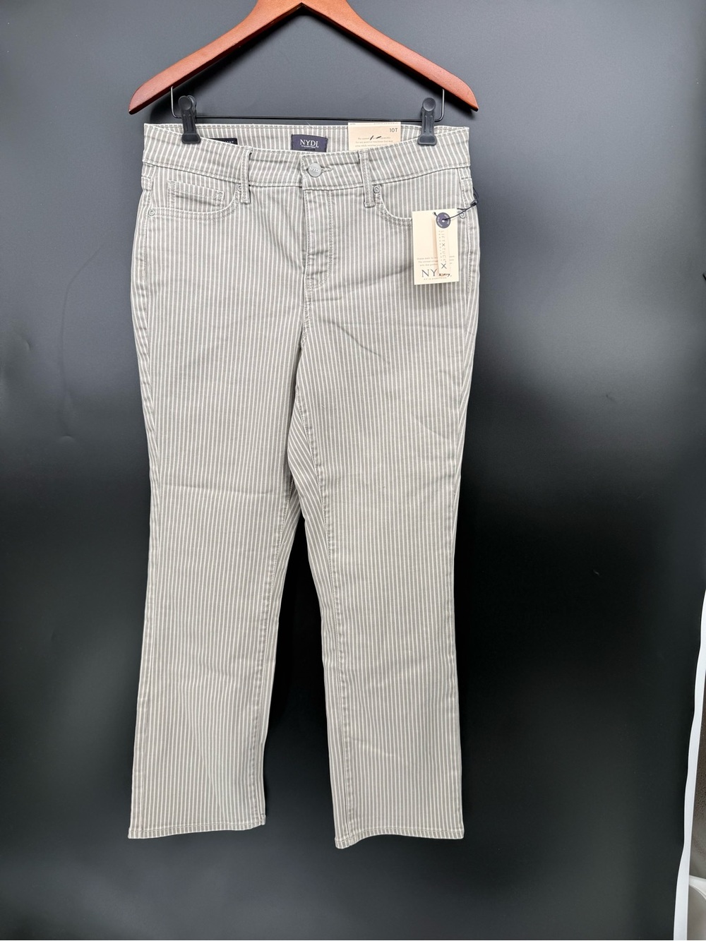 NYDJ Womenโs Taupe and White Pinstripe Pants